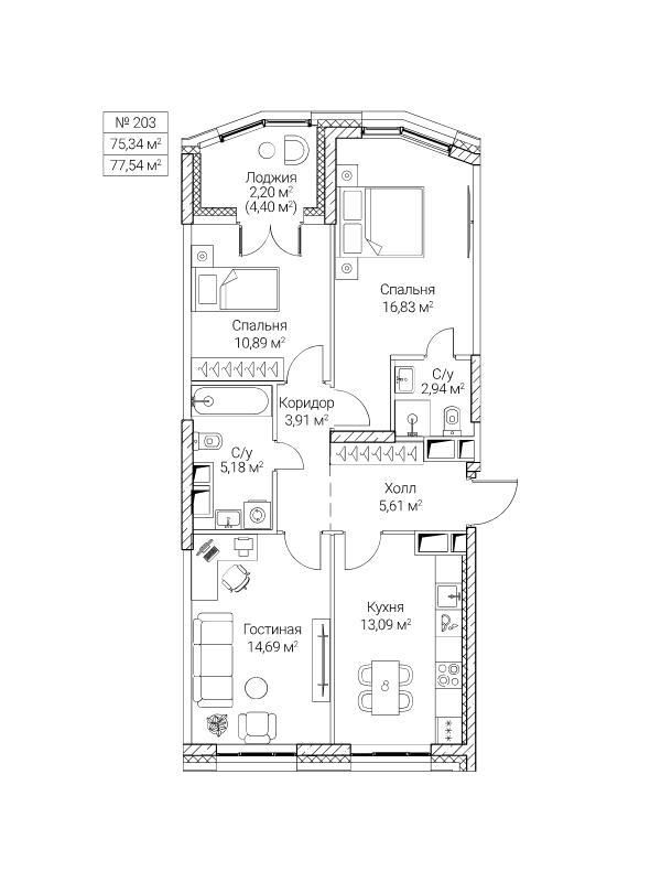3 ккв 75,3 м²