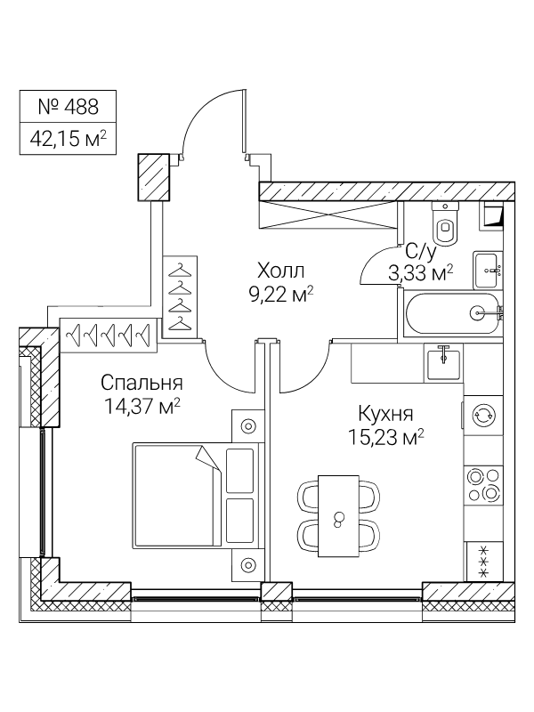 2 ккв (Евро) 42,2 м²