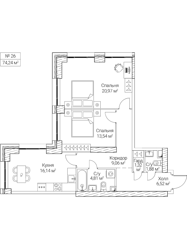3 ккв (Евро) 74,2 м²