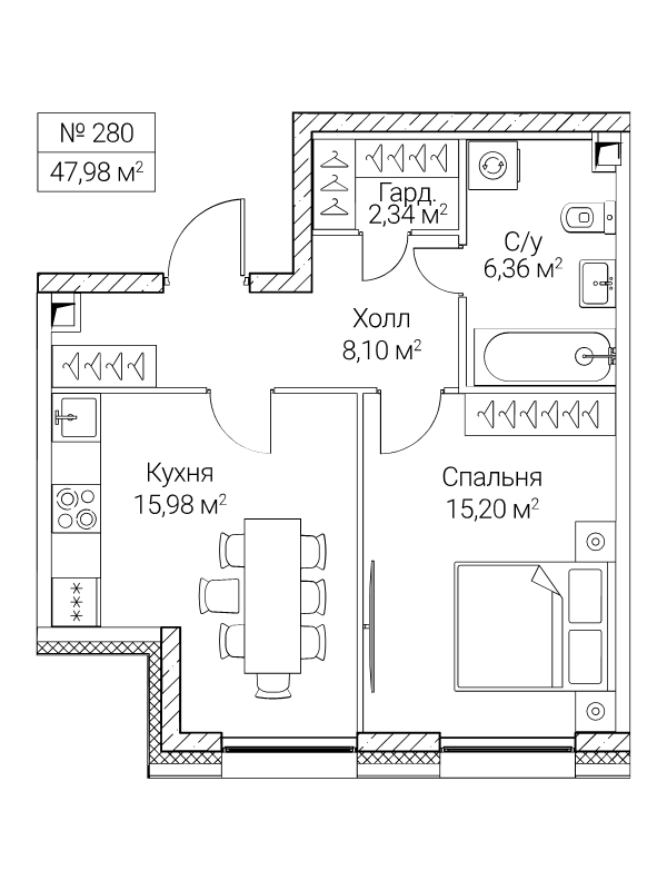 2 ккв (Евро) 48 м²
