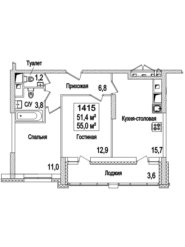 3 ккв (Евро) 55,4 м²