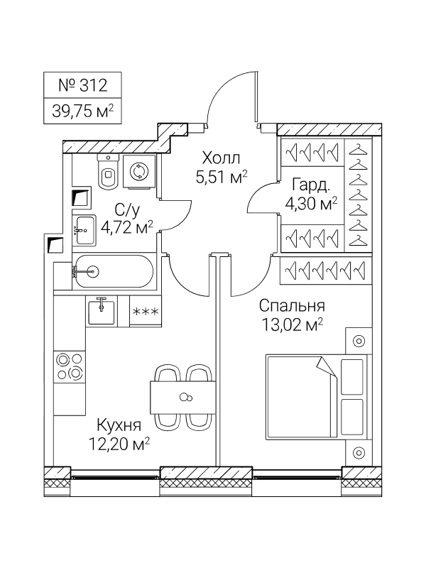 1 ккв 39,8 м²