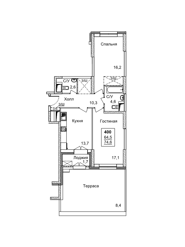 2 ккв 74,6 м²