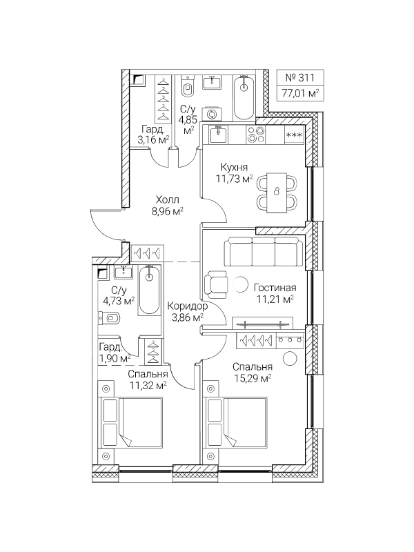 3 ккв 77 м²