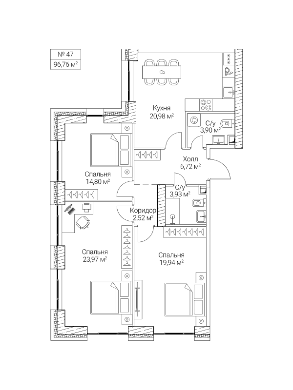 4 ккв (Евро) 96,8 м²