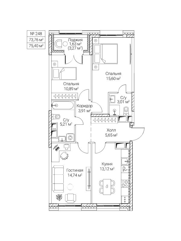 3 ккв 73,8 м²