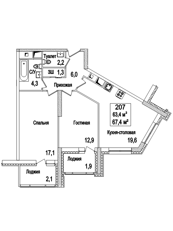 3 ккв (Евро) 67,8 м²