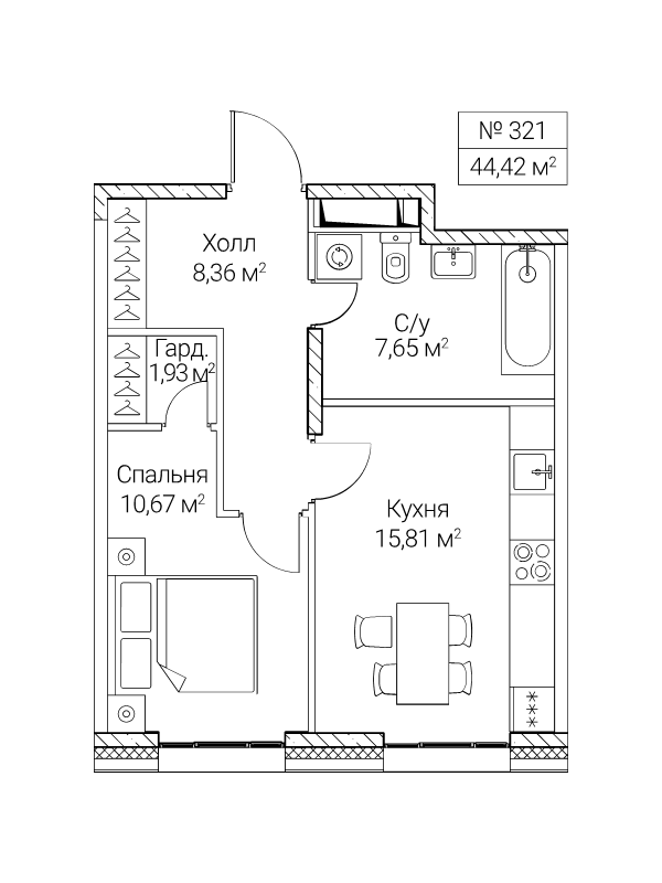 2 ккв (Евро) 44,4 м²