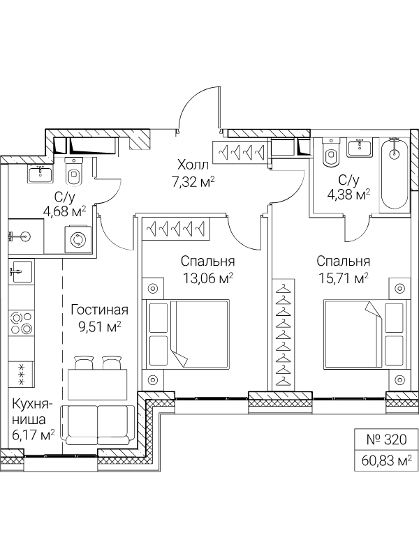 3 ккв (Евро) 60,8 м²