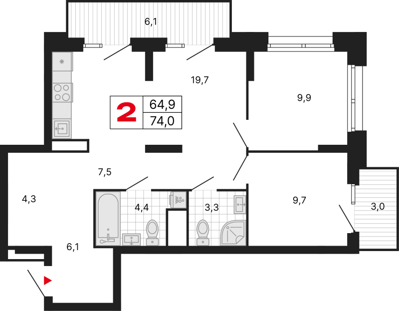 3 ккв (Евро) 74 м²