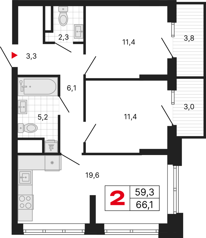 3 ккв (Евро) 66,1 м²