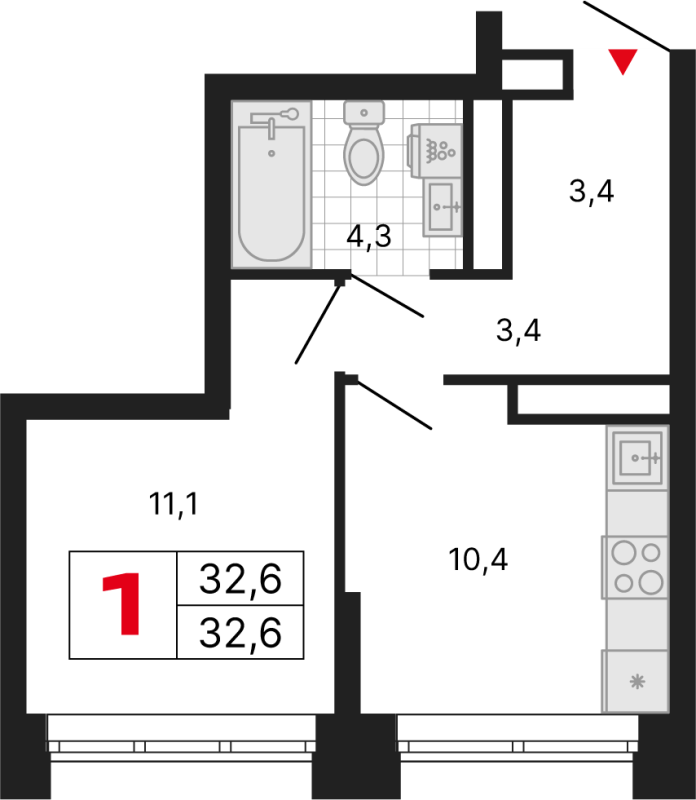 1 ккв 32,6 м²