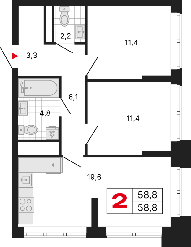 3 ккв (Евро) 58,8 м²