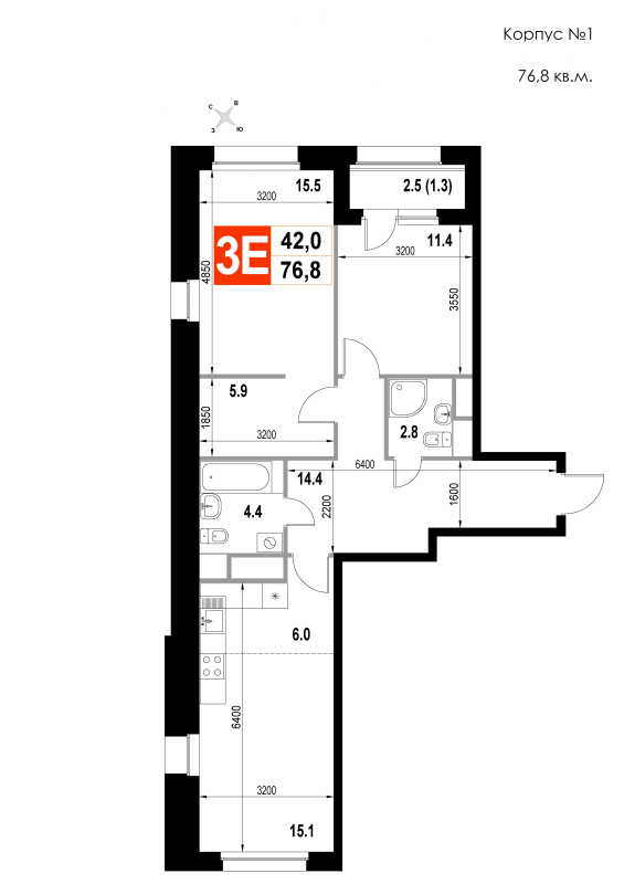 3 ккв (Евро) 76,8 м²