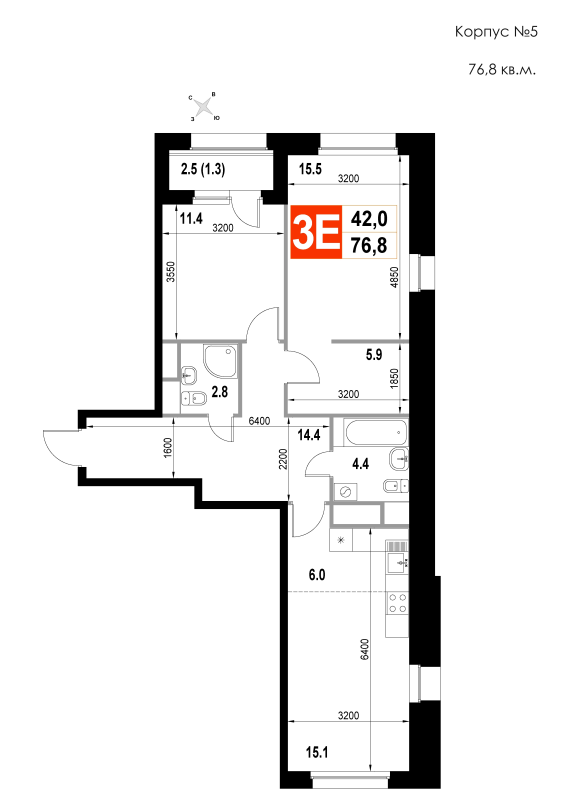 3 ккв (Евро) 76,8 м²