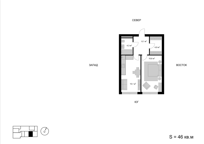 2 ккв (Евро) 45,4 м²