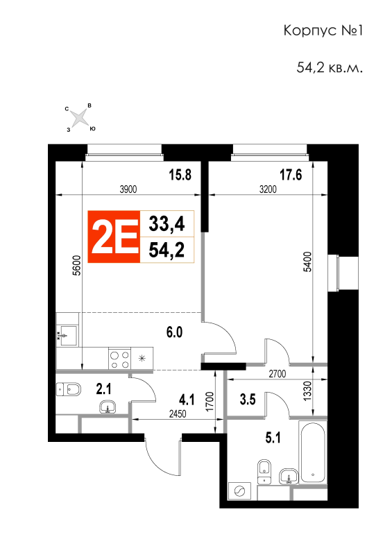 2 ккв (Евро) 54,2 м²