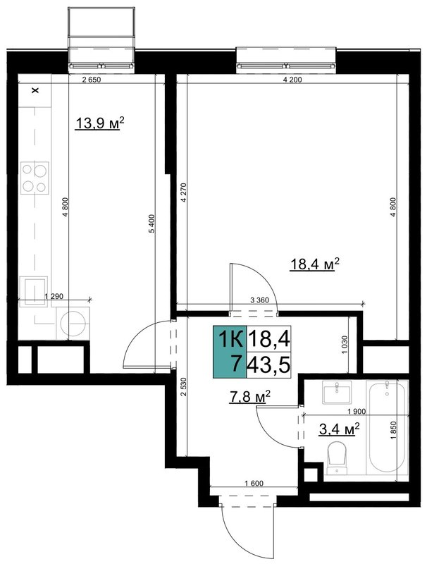 1 ккв 43,6 м²