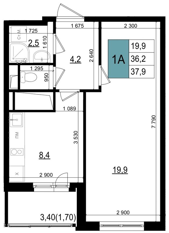 1 ккв 37,9 м²