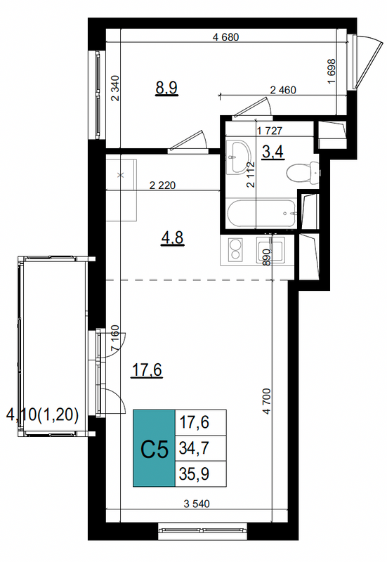 Студия 35,9 м²