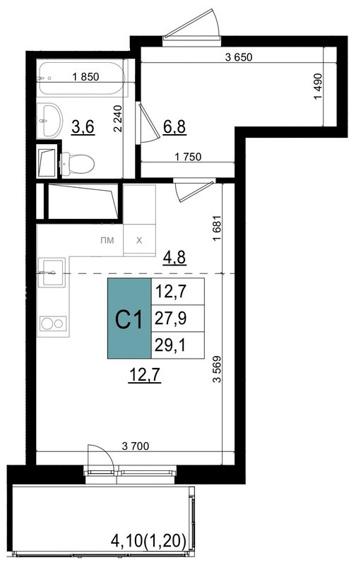 Студия 29,1 м²