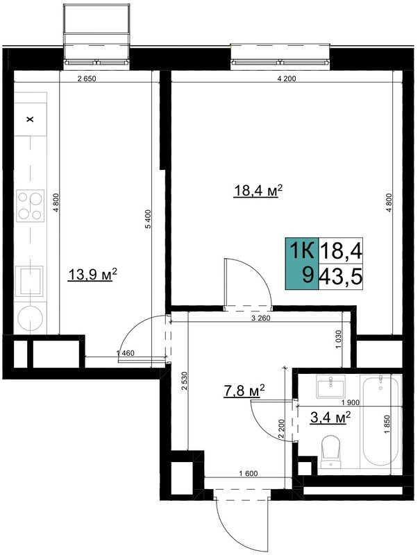 1 ккв 43,5 м²