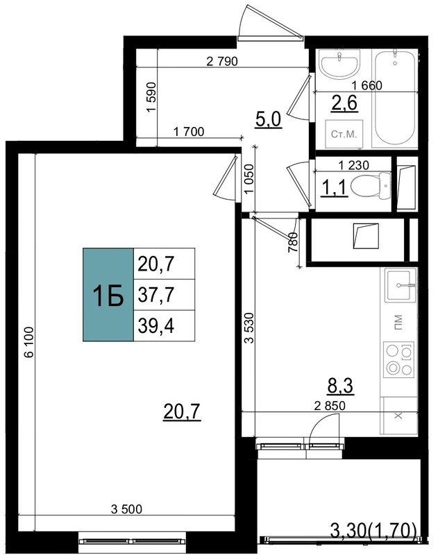 1 ккв 39,4 м²