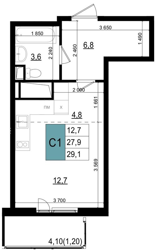 Студия 29,1 м²