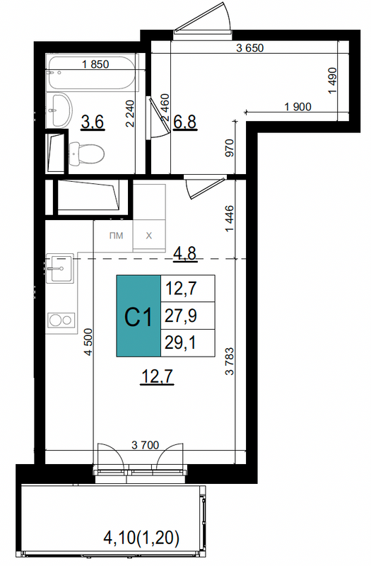 Студия 29,1 м²