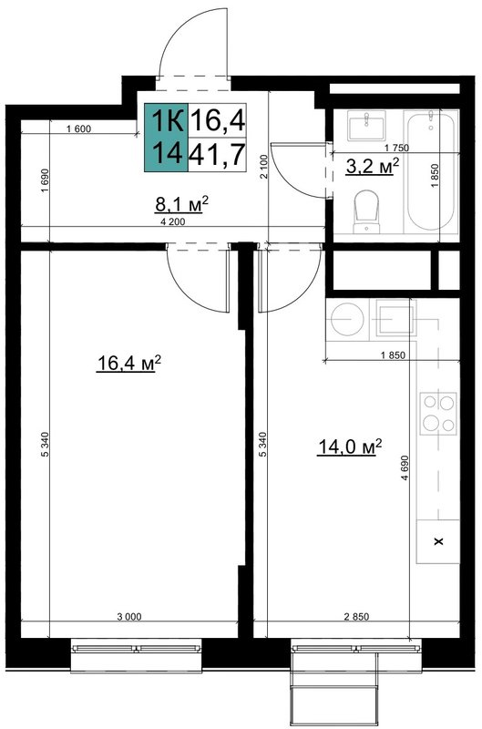 1 ккв 41,7 м²