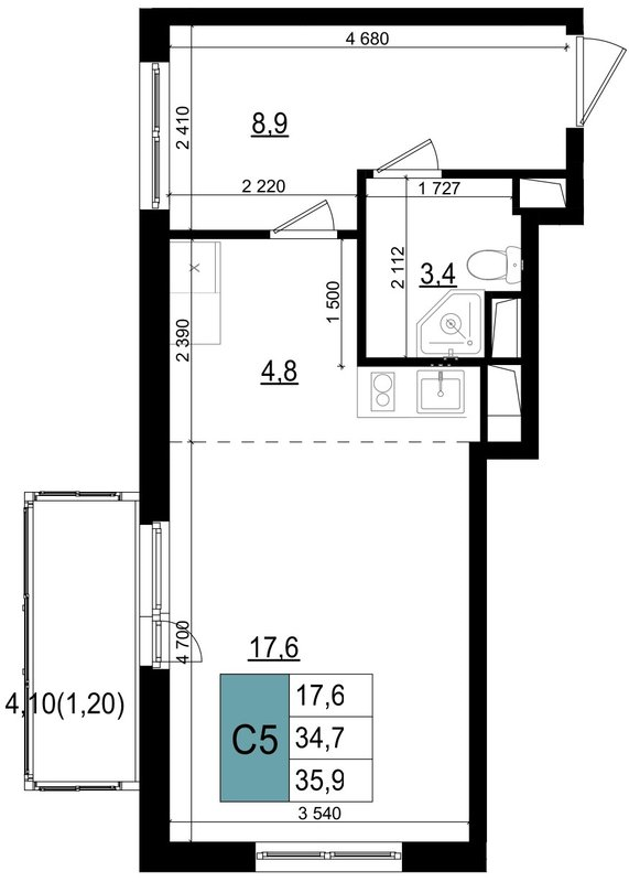 Студия 35,9 м²