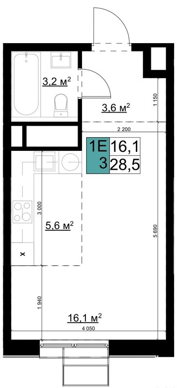 Студия 28,5 м²