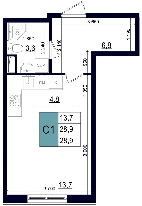 Студия 28,9 м²