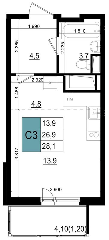 Студия 28,1 м²