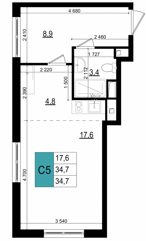 Студия 34,7 м²