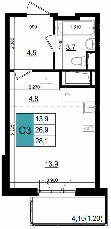 Студия 28,1 м²