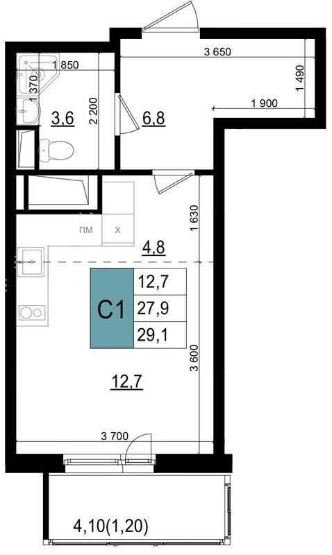 Студия 29,1 м²
