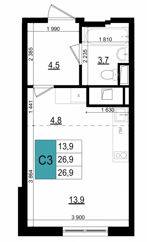 Студия 26,9 м²