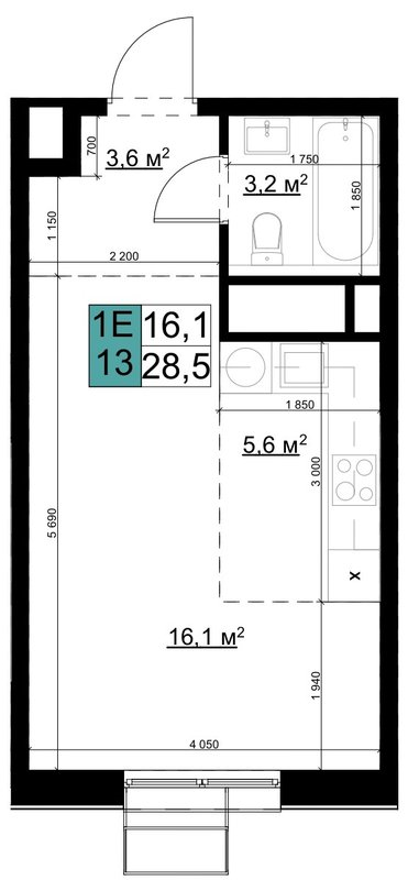 Студия 28,5 м²