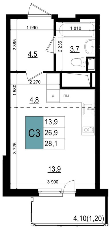 Студия 28,1 м²