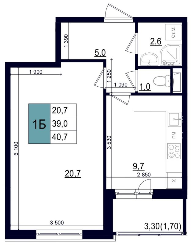 1 ккв 40,7 м²
