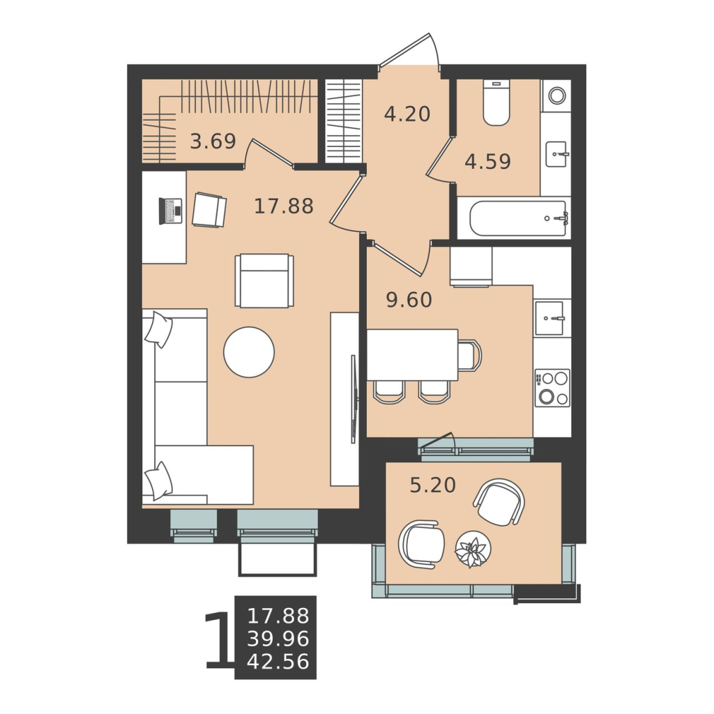 1 ккв 42,6 м²