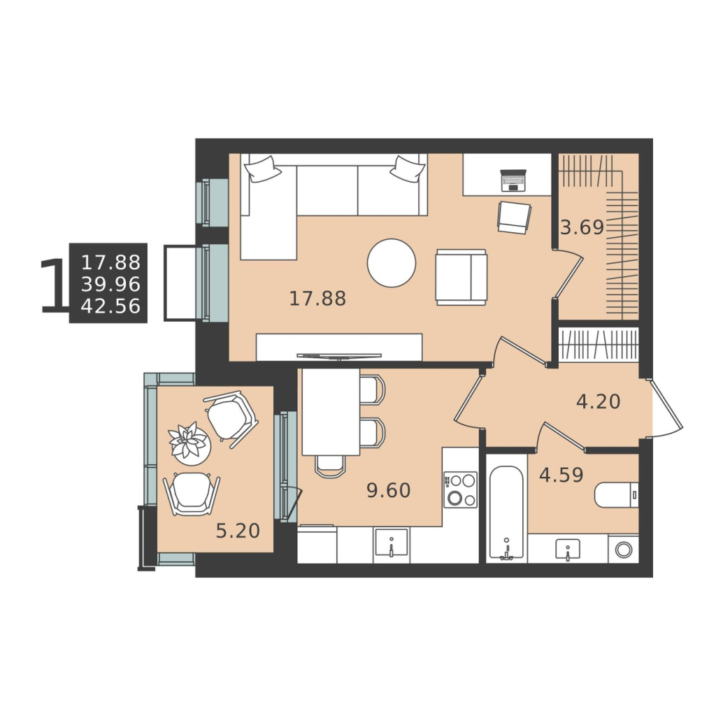 1 ккв 42,6 м²