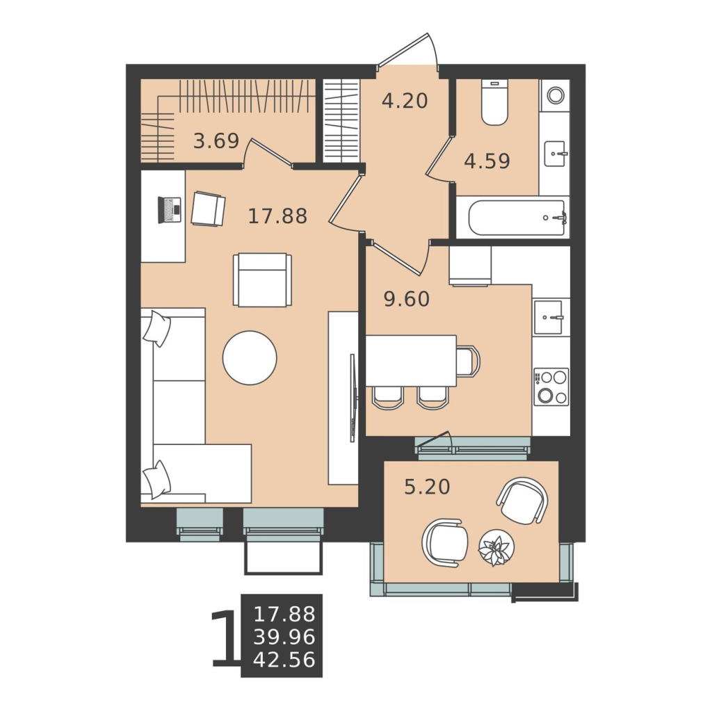 1 ккв 42,6 м²