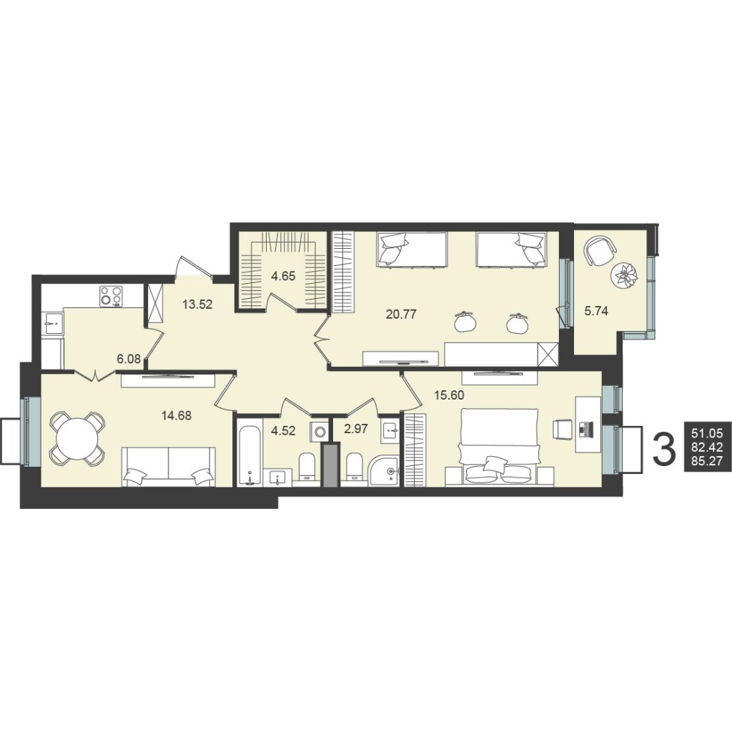 3 ккв (Евро) 85,3 м²
