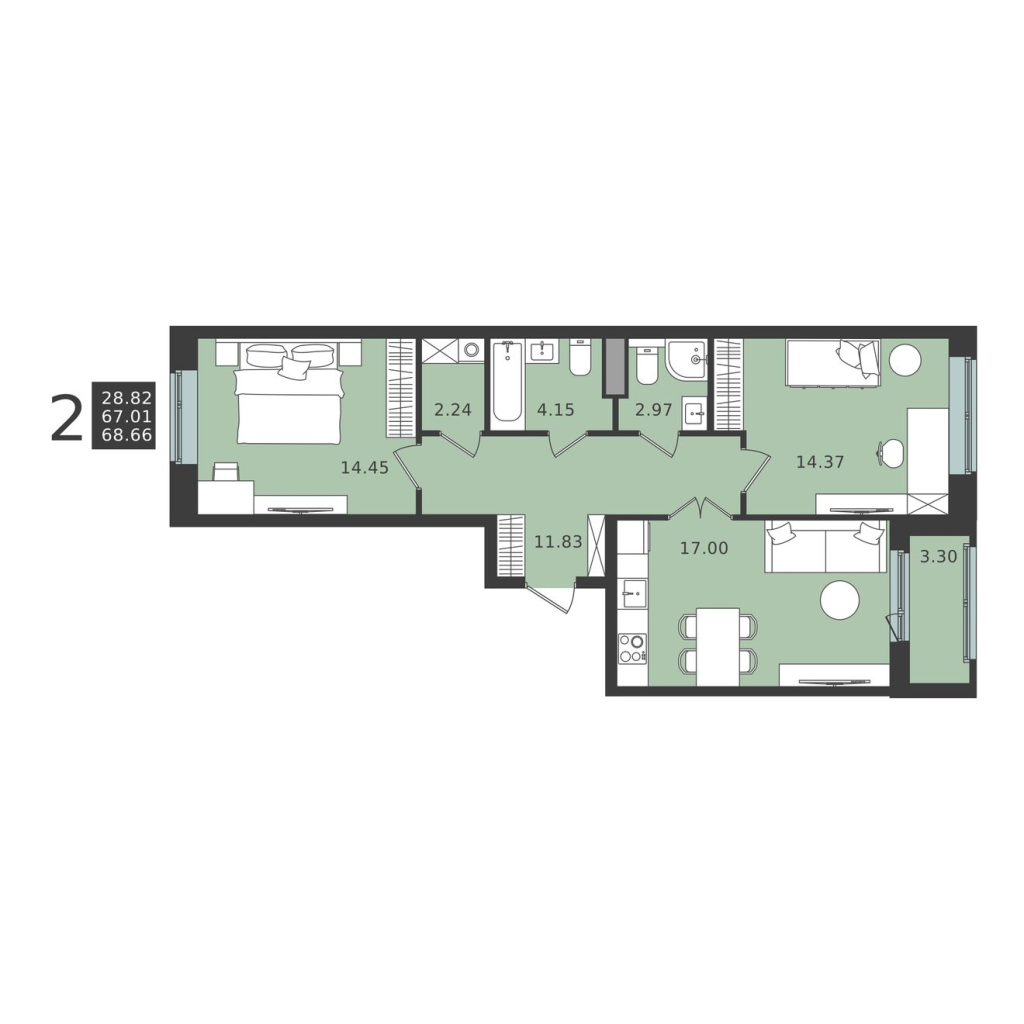 3 ккв (Евро) 68,7 м²