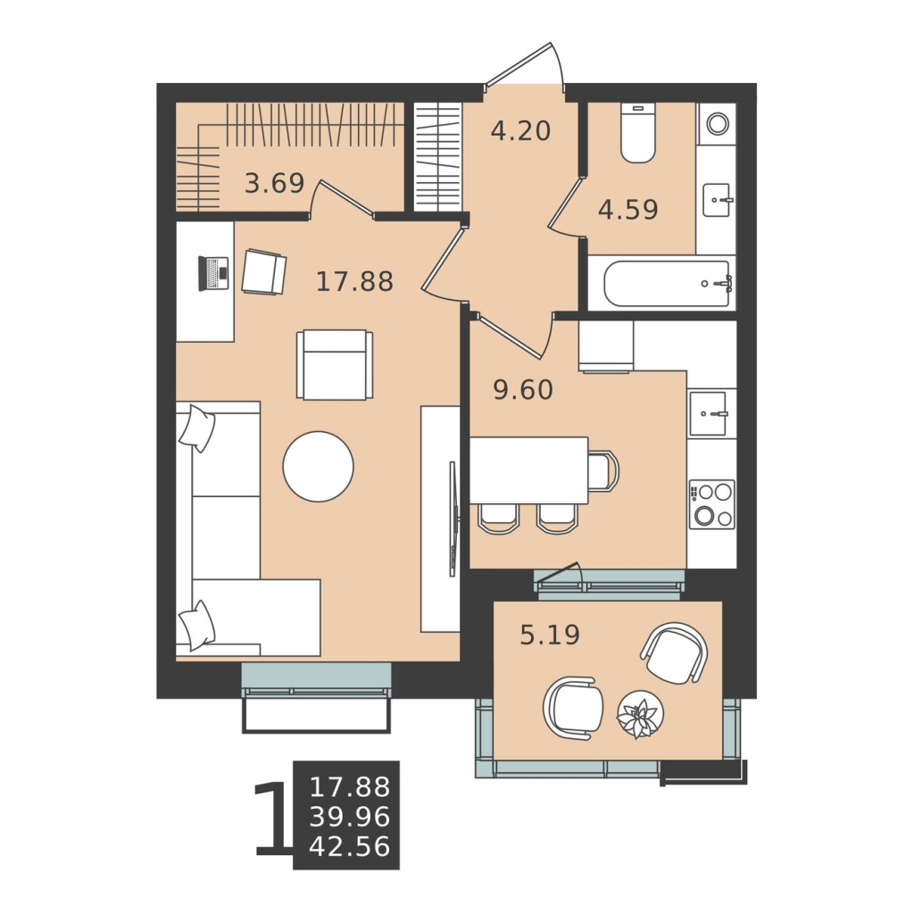 1 ккв 42,6 м²