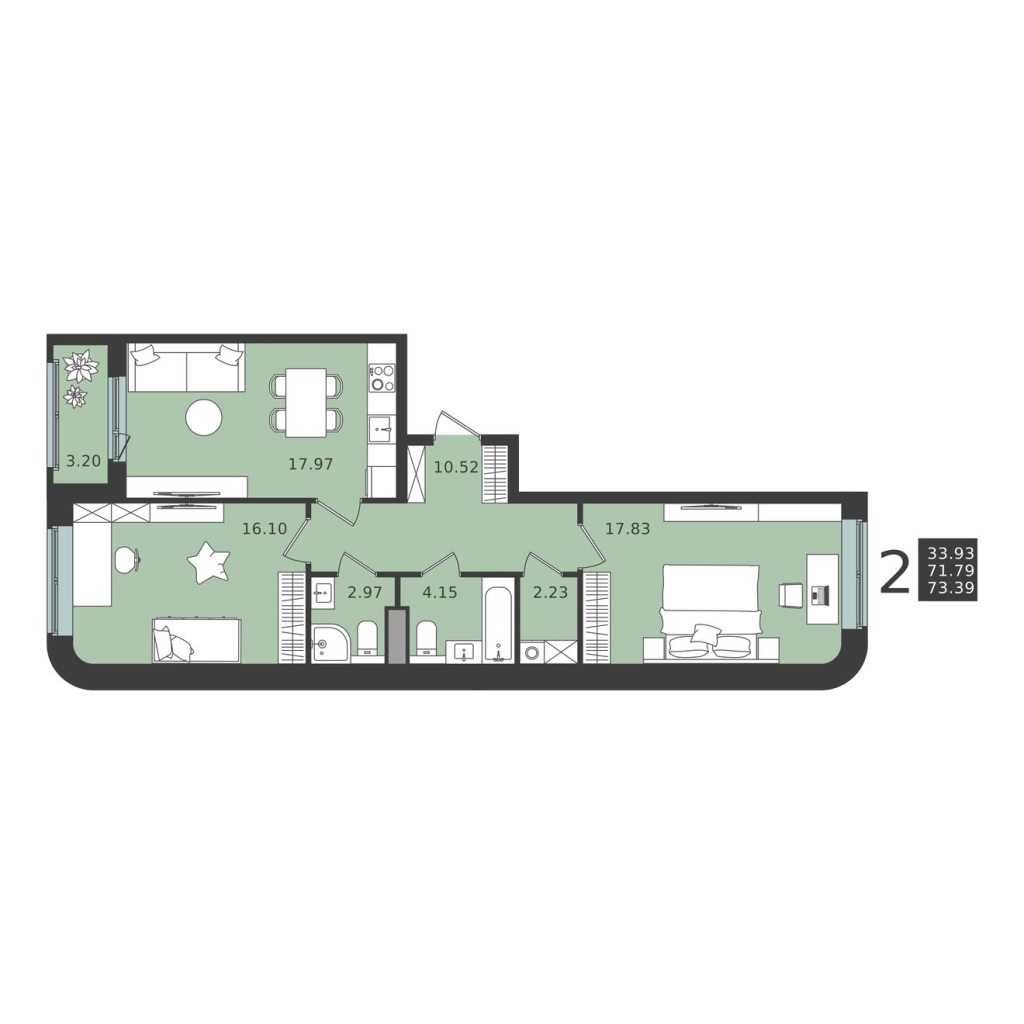 3 ккв (Евро) 73,4 м²
