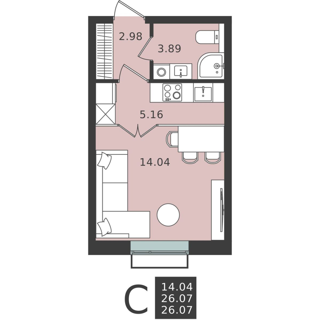 Студия 26,1 м²
