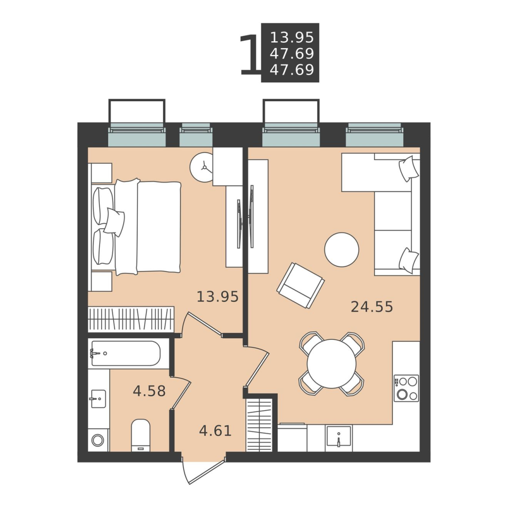 2 ккв (Евро) 47,7 м²